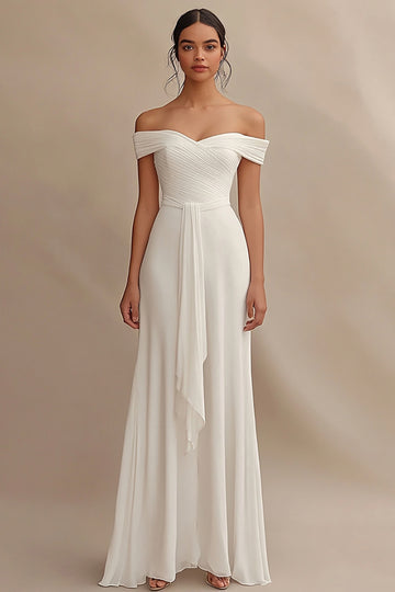 Off The Shoulder Sheath Ivory Wedding Dress with Sash